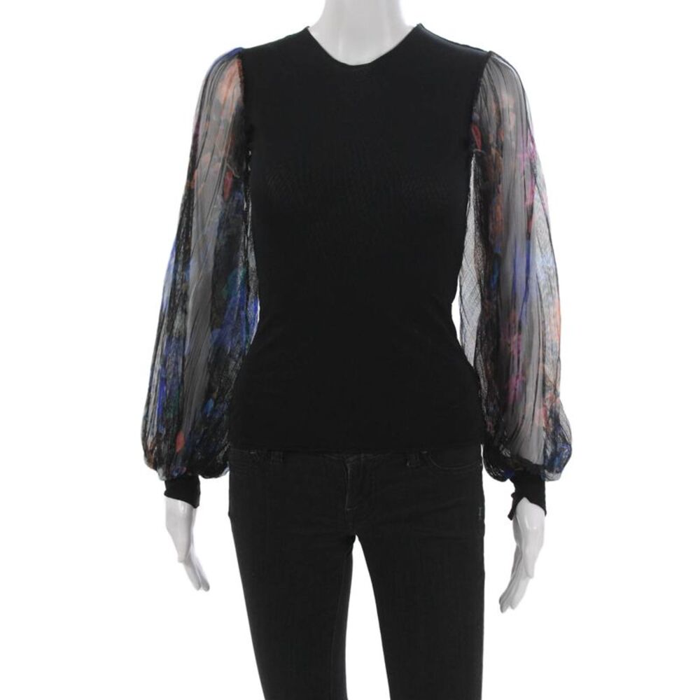 Petit Pois Women Black V-Neck Long Sleeve Basic Blouse Nylon Pullover Size XS